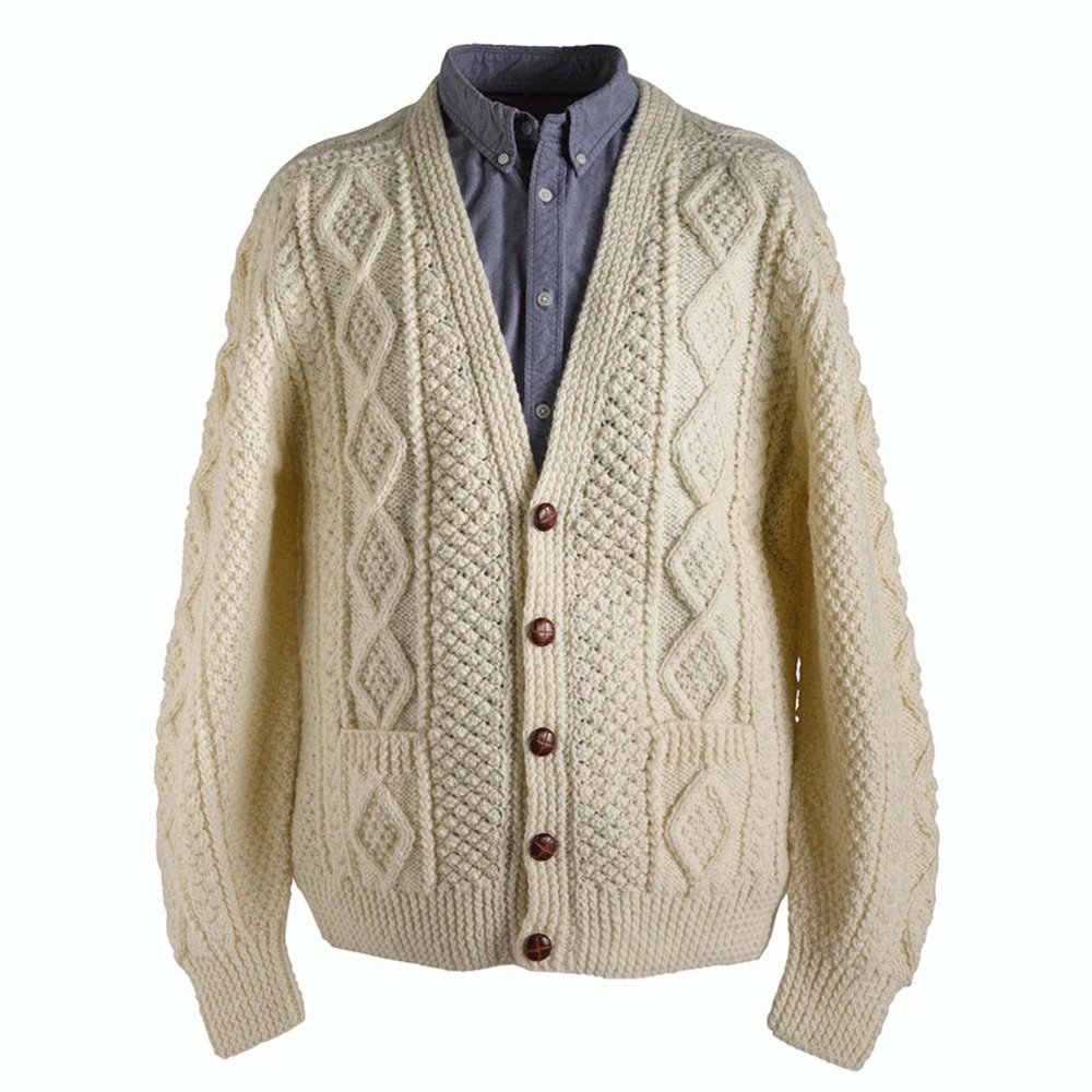 Vintage Men's Irish Knit V-Neck Aran Cardigan in Oatmeal